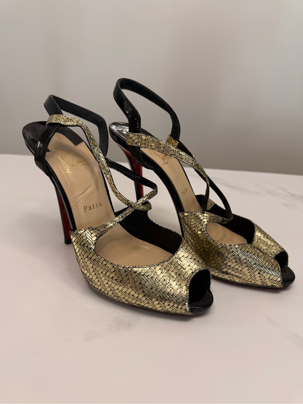 Christian Louboutin Gold and Black Strappy Peep-Toe Sandals